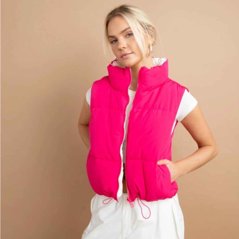 American Threads crop reversible pink white Morgan Puffer vest NWOT